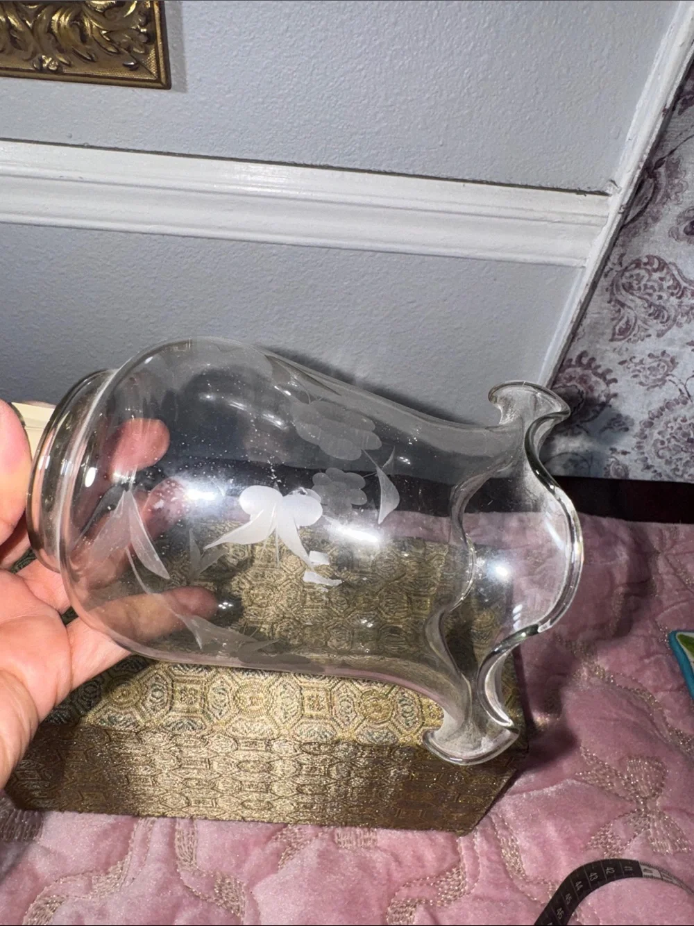 Home Interiors Clear Etched Floral Glass Bell sconce candle holder